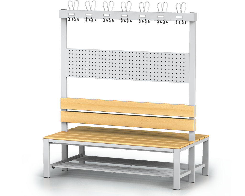 Oboustranná lavice s opěradlem a věšáky, bukové latě - se sklopným roštem 1800 x 1500 x 830